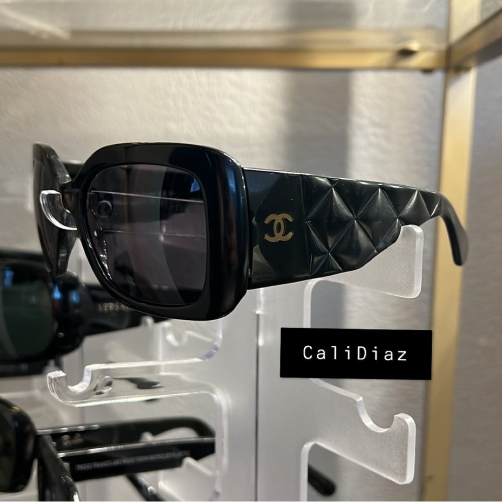 CHANEL Black Quilted Temple Rectangular Sunglasses - image 7